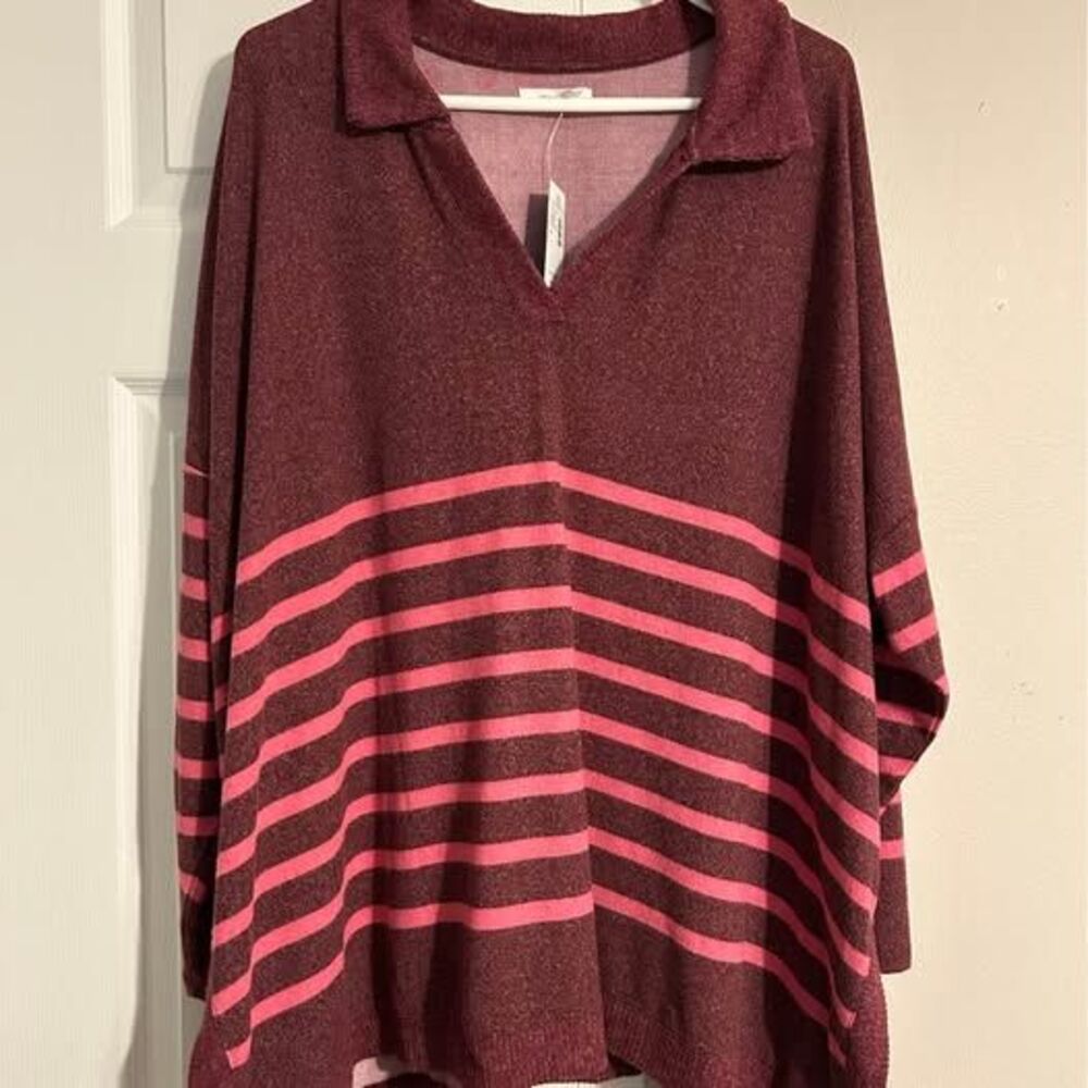 Maurices 2X Striped V Neck Tunic Sweater Burgundy Pink NWT Plus Size